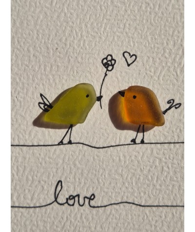 Carte de Vœux éco-responsable - recyclage - cadeau écologique - Couple oiseaux en verre de mer